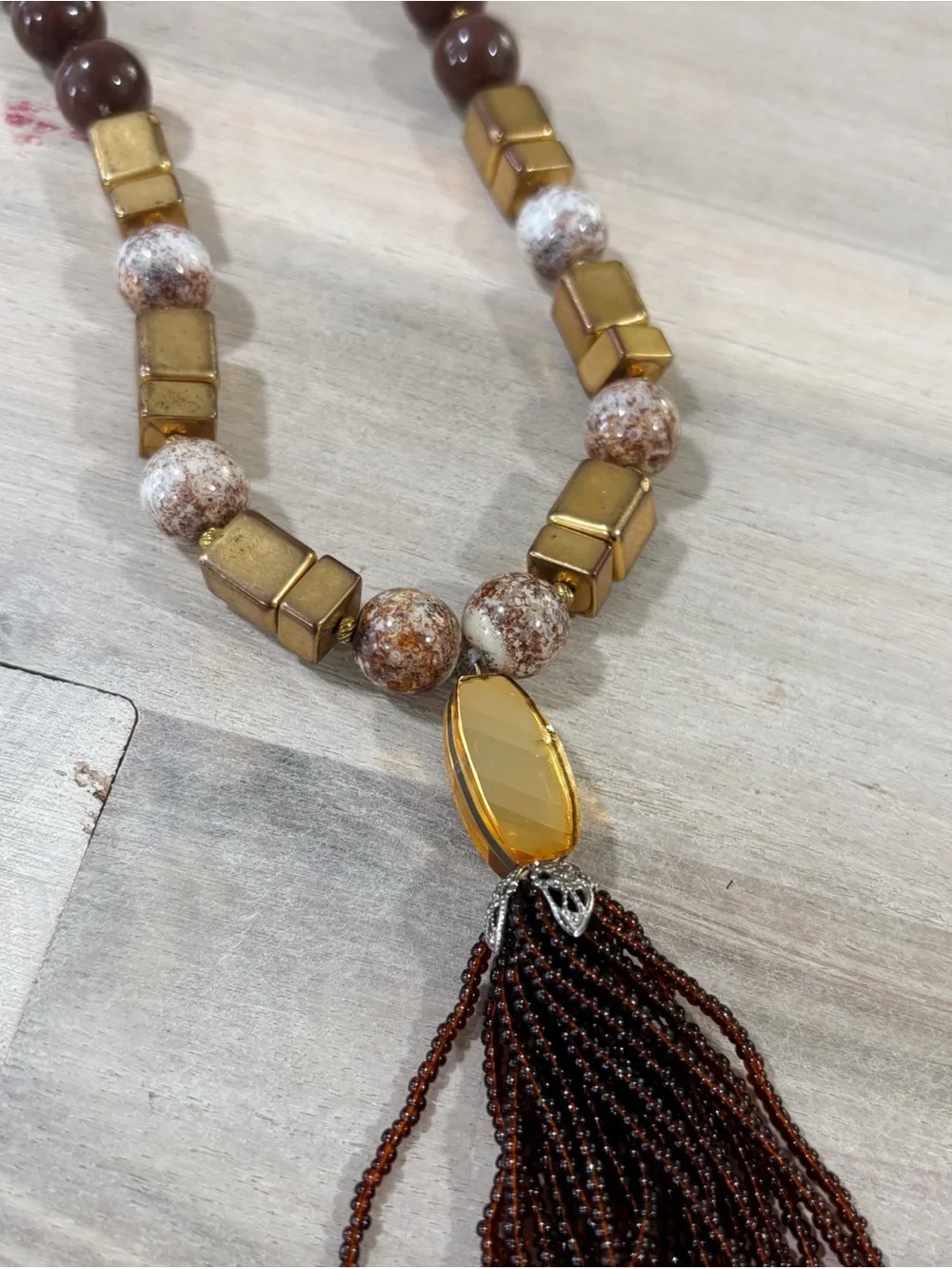 Vintage Brown Gold Beaded Statement Necklace